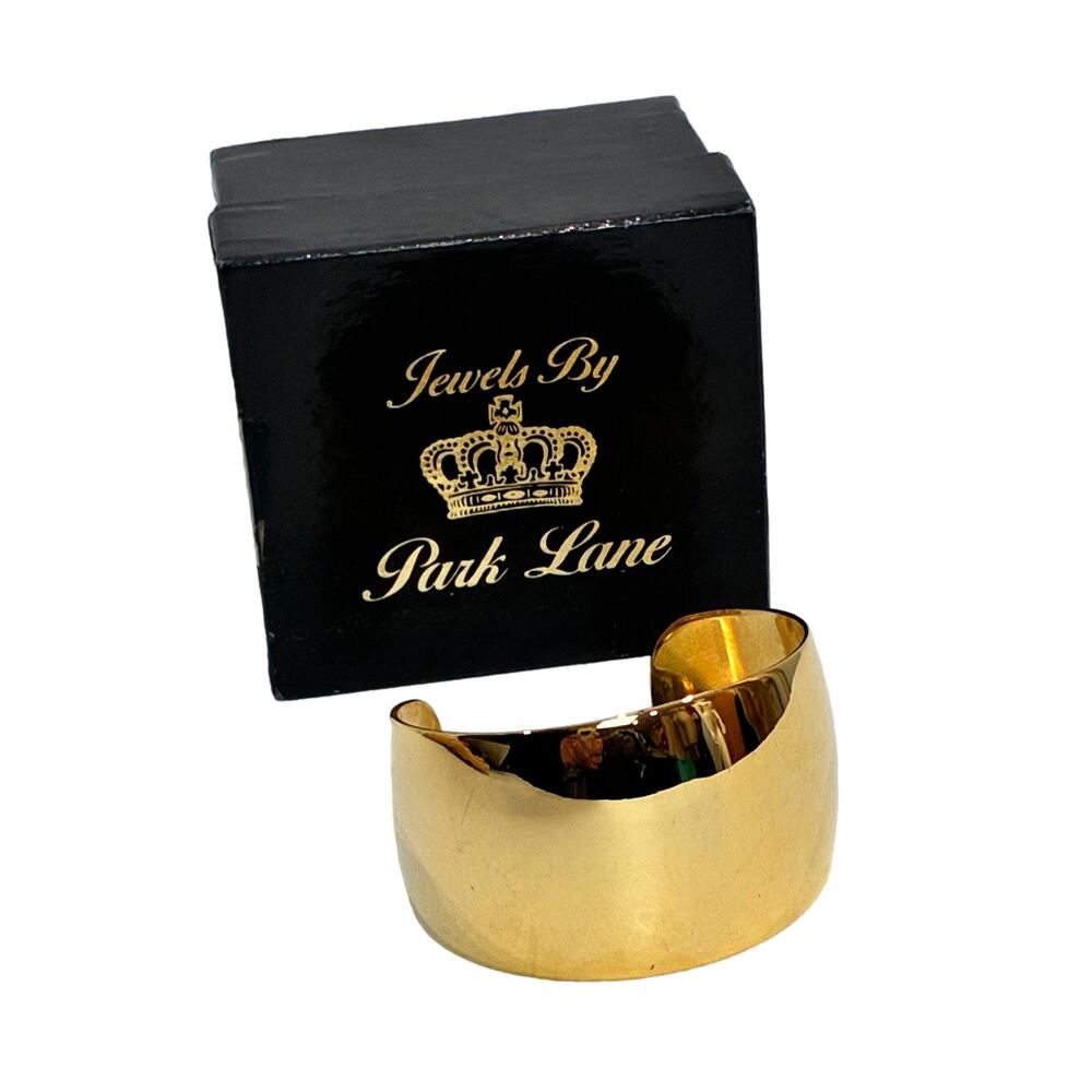 Vintage 80s Park Lane “Bold Beauty” Wide Gold Tone Cuff Bracelet w/ Box